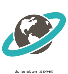 Ringed Planet vector icon. Style is bicolor flat symbol, grey and cyan colors, rounded angles, white background.