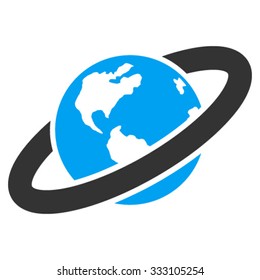 Ringed Planet vector icon. Style is bicolor flat symbol, blue and gray colors, rounded angles, white background.