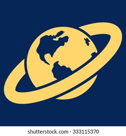 Ringed Planet vector icon. Style is flat symbol, yellow color, rounded angles, blue background.