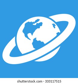 Ringed Planet vector icon. Style is flat symbol, white color, rounded angles, blue background.