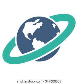 Ringed Planet vector icon. Style is bicolor flat symbol, cobalt and cyan colors, rounded angles, white background.