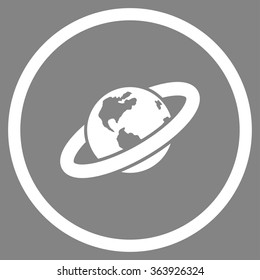 Ringed Planet vector icon. Style is flat circled symbol, white color, rounded angles, gray background.