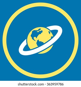 Ringed Planet vector icon. Style is bicolor flat circled symbol, yellow and white colors, rounded angles, blue background.