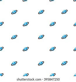 Ringed Planet vector seamless repeatable pattern. Style is flat blue and dark gray ringed planet symbols on a white background.
