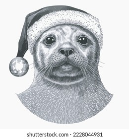 Ringed Seal Santa Hat Vector Illustration Tshirt Design Logo Icon Christmas Greeting Card