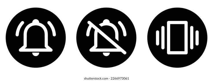 Ringer, Silent, vibrate bells icons black and white. Mute sign. Silent mode or vibrate mode. Notification bell ring icon. Smartphone volume on and off icon. Vector illustration.