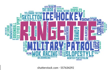 Ringette. Word cloud, colored font, white background. Winter sport.