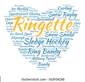 Ringette. Word cloud, heart, italic font, white background. Love of sport.