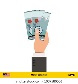 Ringgit sign icon in hand three banknote art new big best illustration isolated cash