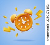 Ringing alarm clock 3D realistic render vector illustration isolated on blue background. Alarm clock volumetric button 3D icon, reminder and deadline notice symbol.