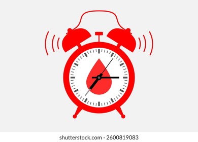 Ringing alarm clock with blood drop icon over clock face. Concept of regular blood sugar level measuring, glucose concentrations in blood controlling, glycemia and diabetes