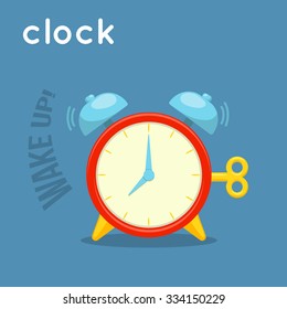 Ringing alarm clock. Cartoon simple illustration. Vector object and word. 