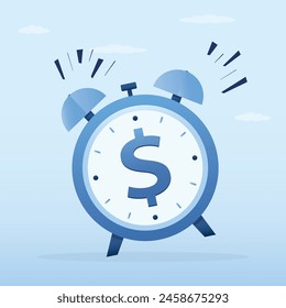 Reloj despertador sonando con dinero en dólares en la cara del reloj. Aumente sus ingresos y ganancias. Tiempo para el dinero, plazo para empezar a construir el concepto de riqueza, obtener ganancias de la inversión. Ilustración vectorial