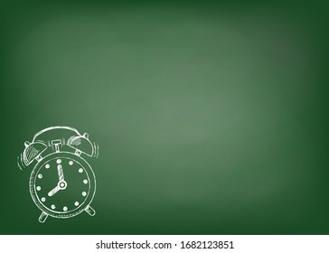 Un despertador sonando está hecho con tiza en la pizarra de una escuela. Fondo vectorial.