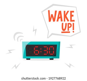 Reloj de alarma sonora, reloj electrónico, concepto de madrugada temprana, despertar temprano, ilustración vectorial plana