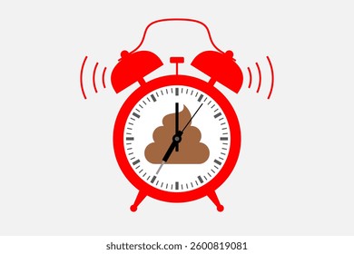 Ringing alarm clock with excrement icon over clock face. Concept of regular bowel movements, proper functioning of digestive system, periodicity and frequency of defecation, healthy life issues