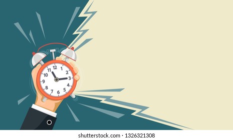 Ringing alarm clock is in the hand of a man. Banner with copy space. Vector illustration.