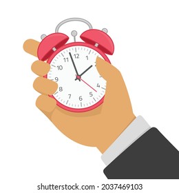 Ringing alarm clock is in the hand of a man. Time control, planning or management concept. Businessman holding red clock. Vector illustration in flat style. EPS 10.