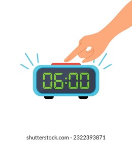 A ringing alarm clock and a hand that turns off the alarm clock. Electronic clock alarm clock with hand in cartoon style isolated on a white background.