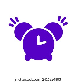 Icono de reloj de alarma de sonido. Diseño plano, púrpura, botón de alarma, reloj de alarma sonora. Icono de vector