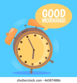 Ringing Alarm Clock Icon. Flat Design. Vector illustration of Jumping Ring and Say Good Morning