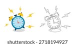 Ringing Alarm Clock Illustration with Lightning Effects – Color and Line Art Vector
