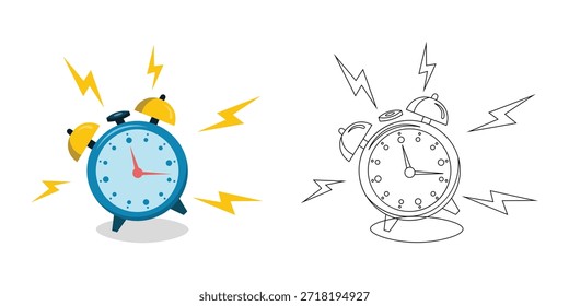 Ringing Alarm Clock Illustration mit Blitzeffekten - Farbe und Linie Art Vector