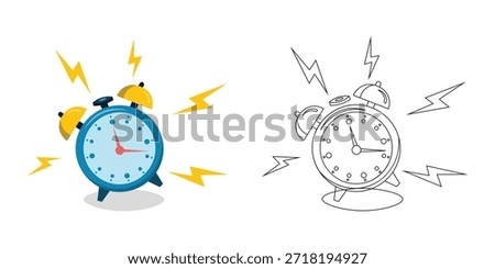 Ringing Alarm Clock Illustration with Lightning Effects – Color and Line Art Vector