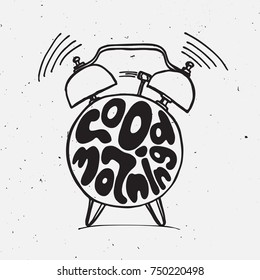 ringing alarm clock with light texture and lettering about good morning. Time Morning Concept
