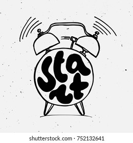 ringing alarm clock with light texture and lettering about start new day or business. Time Start vector Concept with alarm.