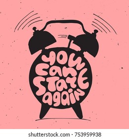 ringing alarm clock with light texture and lettering about you can start again. Time vector Concept illustration. Try again concept letters with alarm isolated on pink background