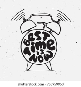 ringing alarm clock with light texture and lettering about best time is now. Time vector Concept illustration. Present moment concept letters with alarm isolated on white background