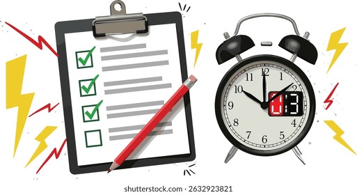 Ringing alarm clock with lightnings and clip note with checkboxes. Modern photo collage style. Illustration on transparent background