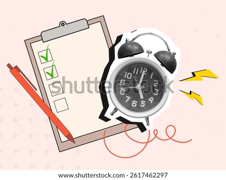 Ringing alarm clock with lightnings and clip note with checkboxes. Modern photo collage style. Vector illustration