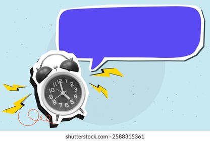 Ringing alarm clock with lightnings and  empty speech bubble. Modern collage style. Vector illustration