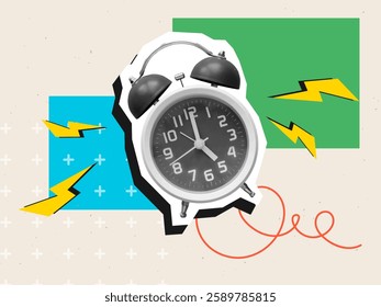 Ringing alarm clock with lightnings. Modern collage style. Vector illustration