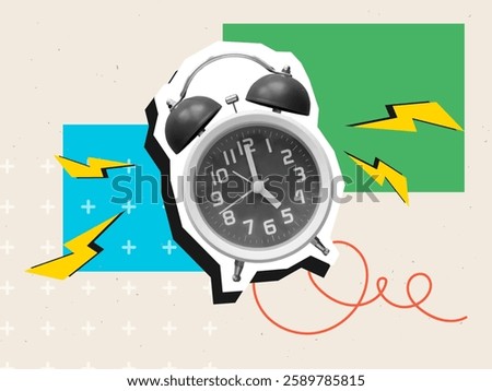 Ringing alarm clock with lightnings. Modern collage style. Vector illustration