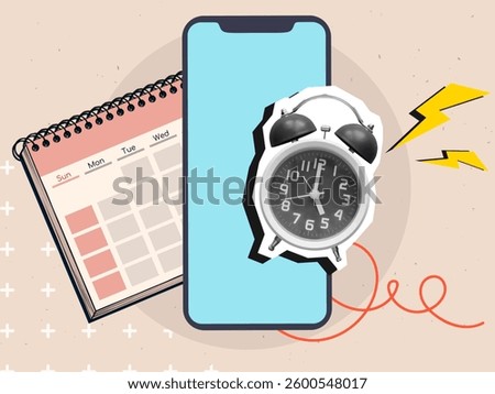Ringing alarm clock with lightnings, phone and calendar. Modern collage style. Vector illustration