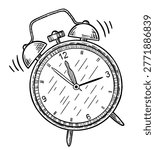 Ringing alarm clock line icon. Alarm clock icon, time symbol good morning.  Minimalist black sketch of vintage wake-up clocks. Simple hand-drawn style for morning, time, wakeup, or schedule designs. Vector illustration