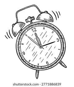Ringing alarm clock line icon. Alarm clock icon, time symbol good morning.  Minimalist black sketch of vintage wake-up clocks. Simple hand-drawn style for morning, time, wakeup, or schedule designs. Vector illustration