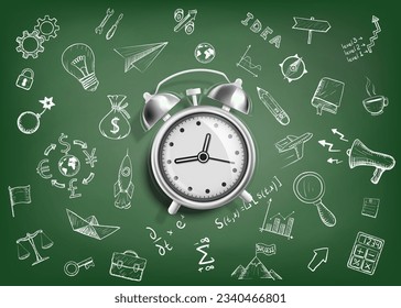 Ringing alarm clock on the background of a school chalk board with drawn doodles. Vector illustration