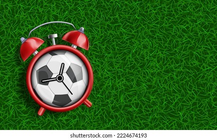 Ringing alarm clock on the football field. Banner template. Sports vector background with place for text