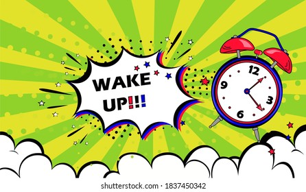 Ringing alarm clock on a Green comic background with space for recording or advertising with a white explosion, vector graphics