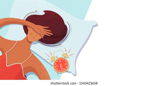 Ringing alarm clock on pillow vector illustration. Sleeping woman and watch in bed color drawing. Female sleeper cartoon character. Morning, forenoon, wake up time. Lazy awakening concept