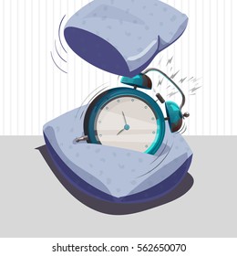 Ringing alarm clock. Pillow has a alarm clock. Vector illustration. Isolated object