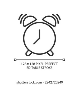 Ringing alarm clock pixel perfect linear icon. Wake up time. Sleep schedule. Reminder tool. Thin line illustration. Contour symbol. Vector outline drawing. Editable stroke. Arial font used