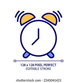 Ringing alarm clock pixel perfect RGB color icon. Wake up time. Sleep schedule. Reminder tool. Isolated vector illustration. Simple filled line drawing. Editable stroke. Arial font used