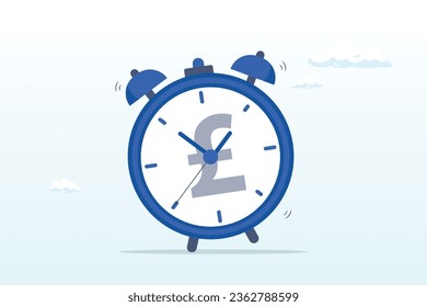 Ringing alarm clock with Pound money sign on clock face, time for money, making profit from investment, promotion alert for bargain deal, bill payment or deadline to start building wealth (Vector)