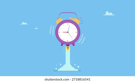 Reloj despertador sonando con el aumentador de presión del cohete que lanza con éxito alto en el cielo. Es hora de iniciar nuevos negocios, emprendimiento para lanzar proyectos o gestión del tiempo.