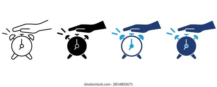 Ringing Alarm Clock Snooze Icon Set. Featuring Hand Press, Watch, Deadline, Alert and Sleep Icons.